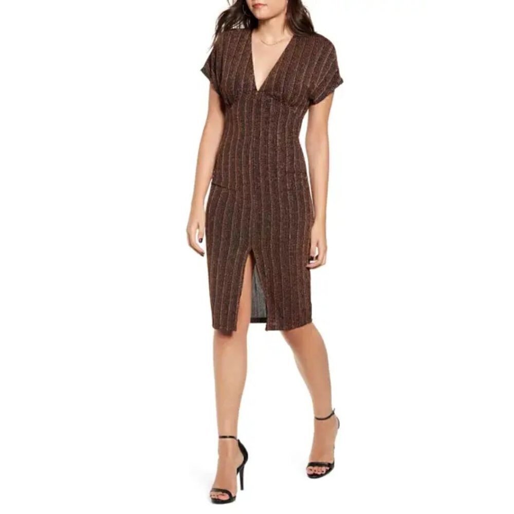 Sparkle Rib Knit Knee Length Slit Dress Black Bronze Small